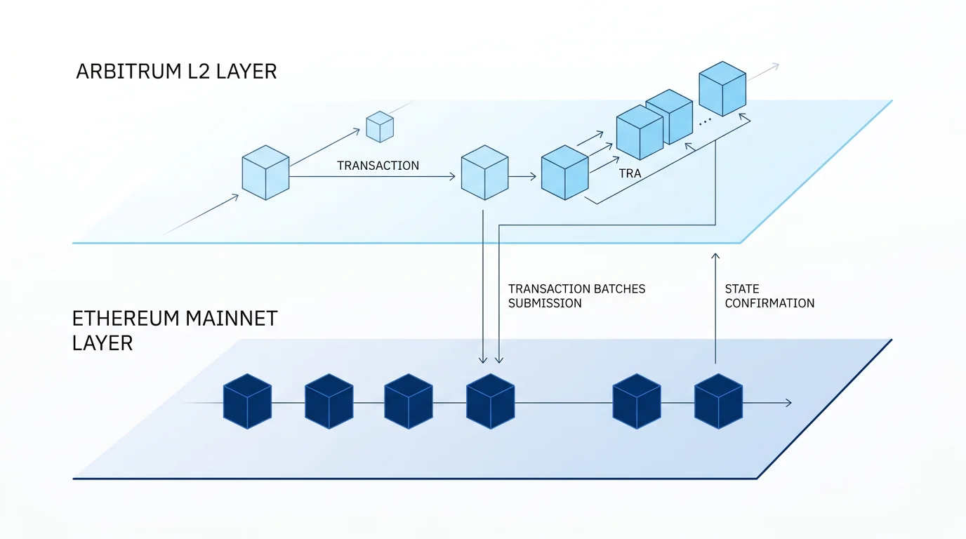 Διάγραμμα Arbitrum L2 rollup πάνω από Ethereum mainnet με ροή συναλλαγών