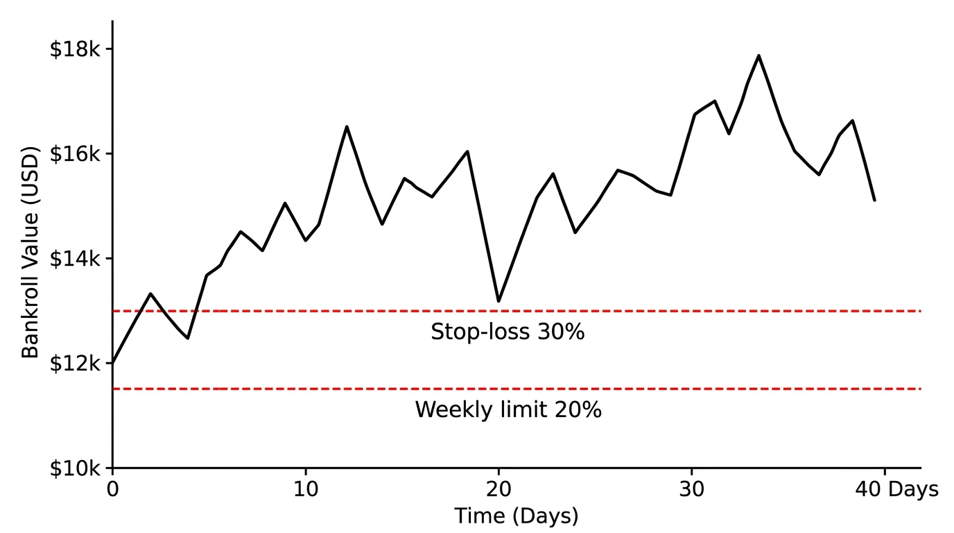 Γράφημα bankroll σε ETH με όρια drawdown και stop-loss επίπεδα σημειωμένα