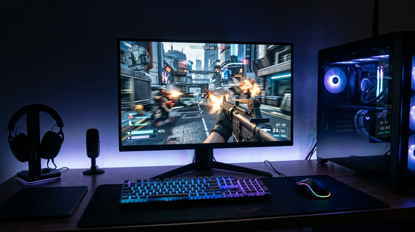 Οθόνη υπολογιστή με esports αγώνα CS2 σε live action και πληκτρολόγιο gaming