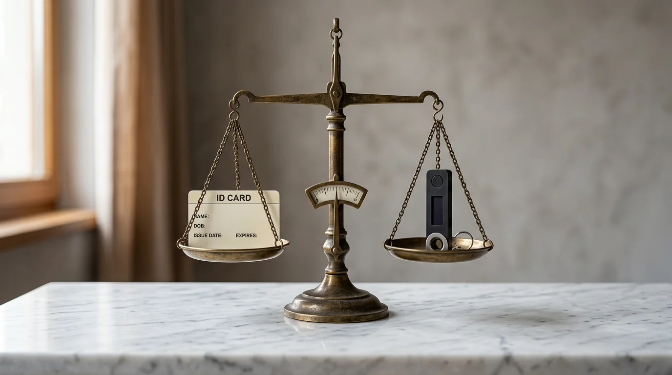 Ζυγαριά ισορροπίας με ταυτότητα στη μία πλευρά και crypto wallet στην άλλη