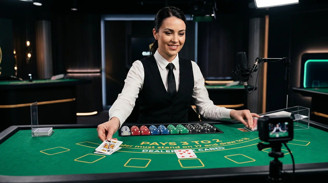Πραγματικός κρουπιέρης σε live blackjack table με κάρτες και τσιπ μπροστά σε κάμερα streaming