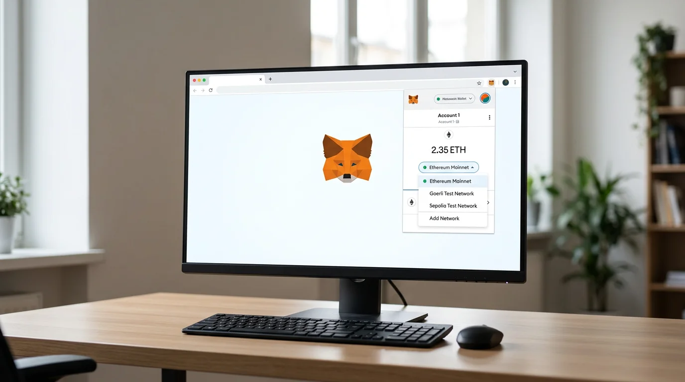 Οθόνη επέκτασης MetaMask σε desktop browser με ETH-υπόλοιπο και επιλογές δικτύου