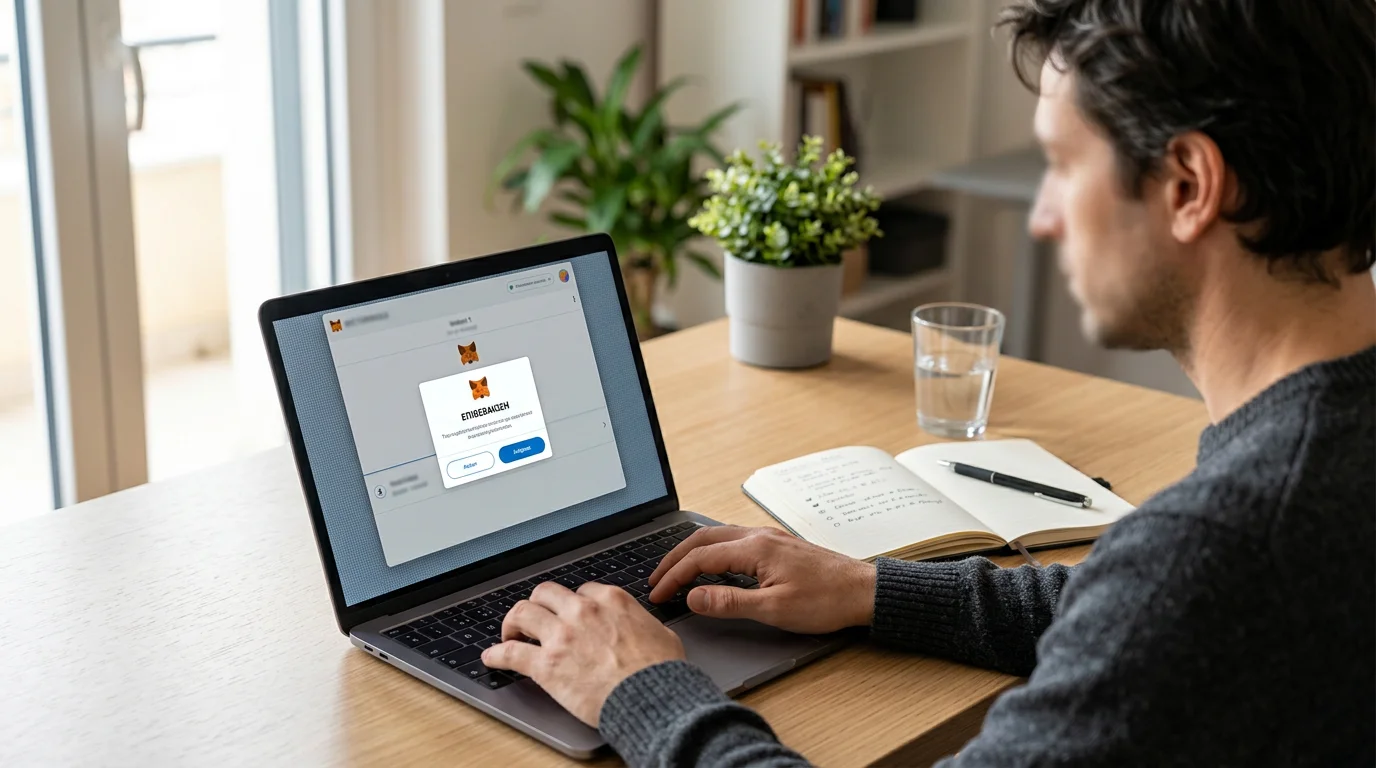 Άτομο σε γραφείο σπιτιού με ανοιχτό laptop στο οποίο φαίνεται διεπαφή πορτοφολιού Ethereum, σημειωματάριο με χειρόγραφη checklist δίπλα