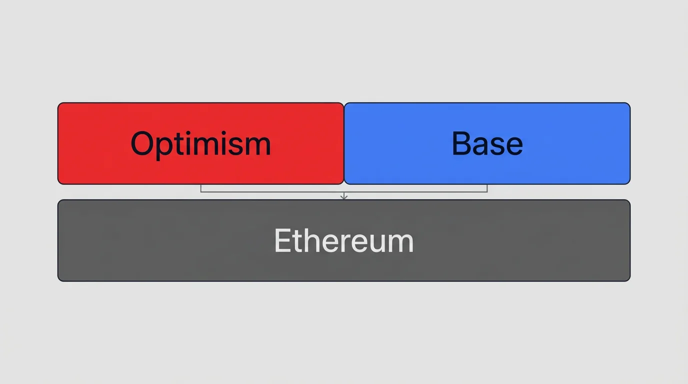 Λογότυπα Optimism και Base δίπλα-δίπλα σε δίκτυο διασύνδεσης blockchain layers