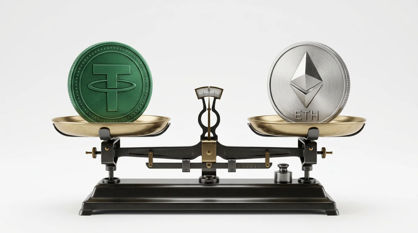 Δύο νομίσματα USDT και ETH δίπλα σε ζυγαριά με δείκτες σταθερότητας τιμής